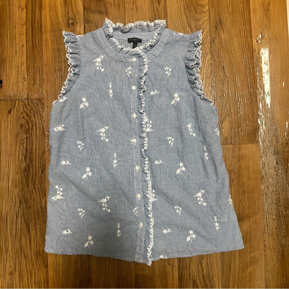 Talbots MPetite Sleeveless Striped Embroidered Ruffle Blouse Womens Blue White - Picture 4 of 6
